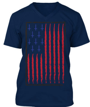 SATANIC CROSS AMERICAN FLAG V Neck T-Shirt - Mens - dark blue T-Shirt
